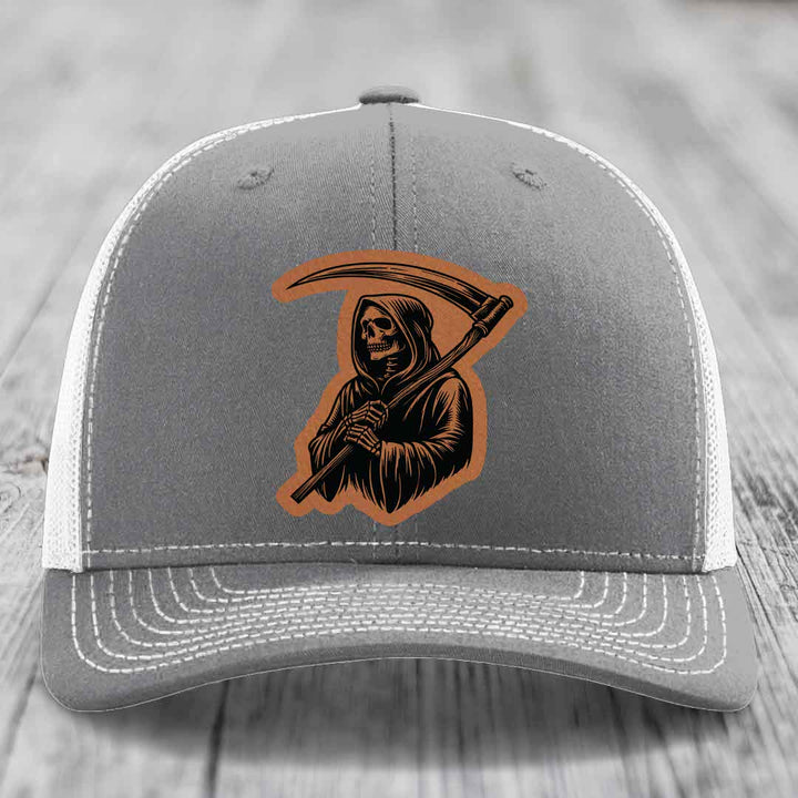 Grim Reaper - Leather Patch Hat - Rawhide to Black Patch - Richardson 112 Snapback Trucker Hat