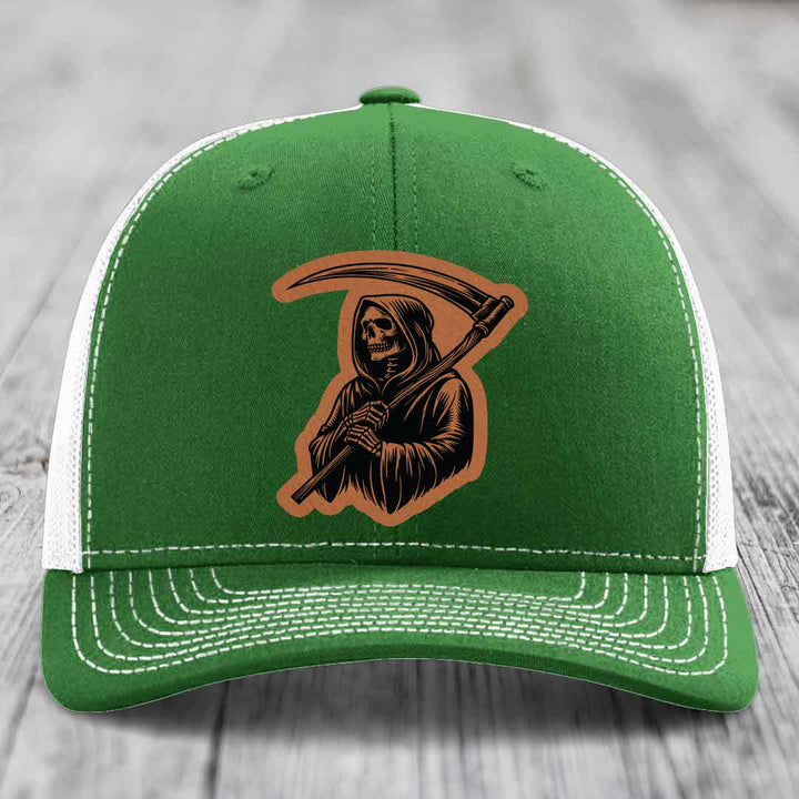 Grim Reaper - Leather Patch Hat - Rawhide to Black Patch - Richardson 112 Snapback Trucker Hat
