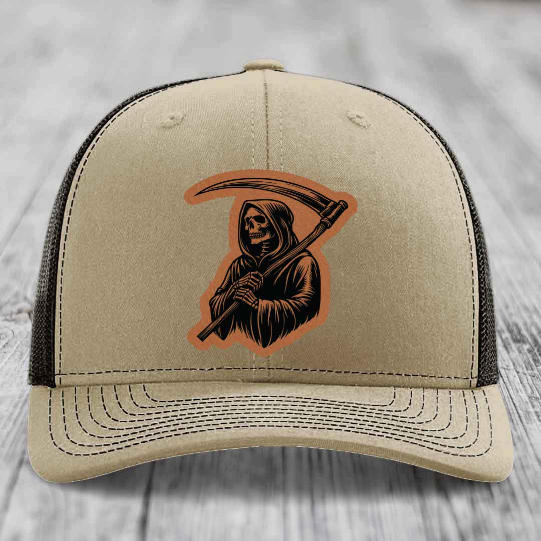 Grim Reaper - Leather Patch Hat - Rawhide to Black Patch - Richardson 112 Snapback Trucker Hat