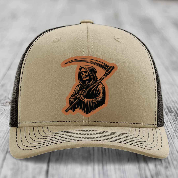 Grim Reaper - Leather Patch Hat - Rawhide to Black Patch - Richardson 112 Snapback Trucker Hat