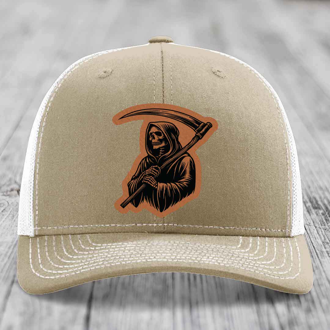 Grim Reaper - Leather Patch Hat - Rawhide to Black Patch - Richardson 112 Snapback Trucker Hat