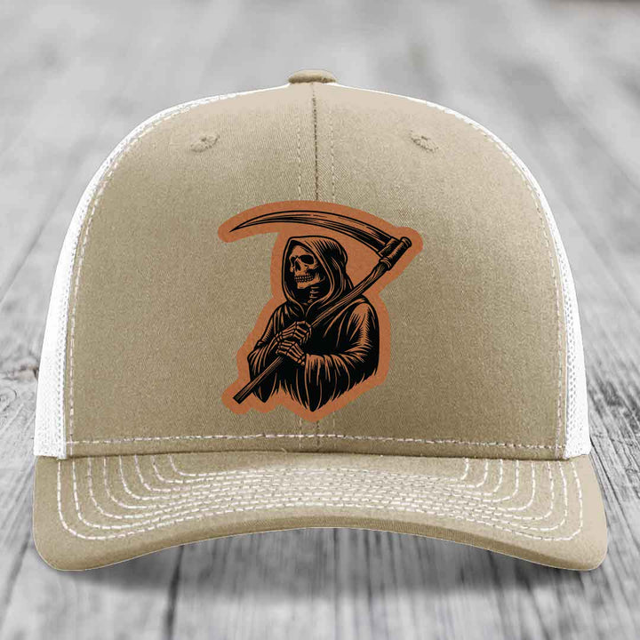 Grim Reaper - Leather Patch Hat - Rawhide to Black Patch - Richardson 112 Snapback Trucker Hat
