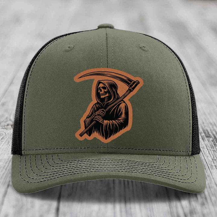 Grim Reaper - Leather Patch Hat - Rawhide to Black Patch - Richardson 112 Snapback Trucker Hat