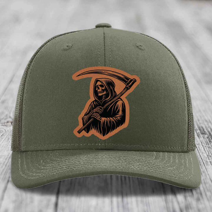 Grim Reaper - Leather Patch Hat - Rawhide to Black Patch - Richardson 112 Snapback Trucker Hat