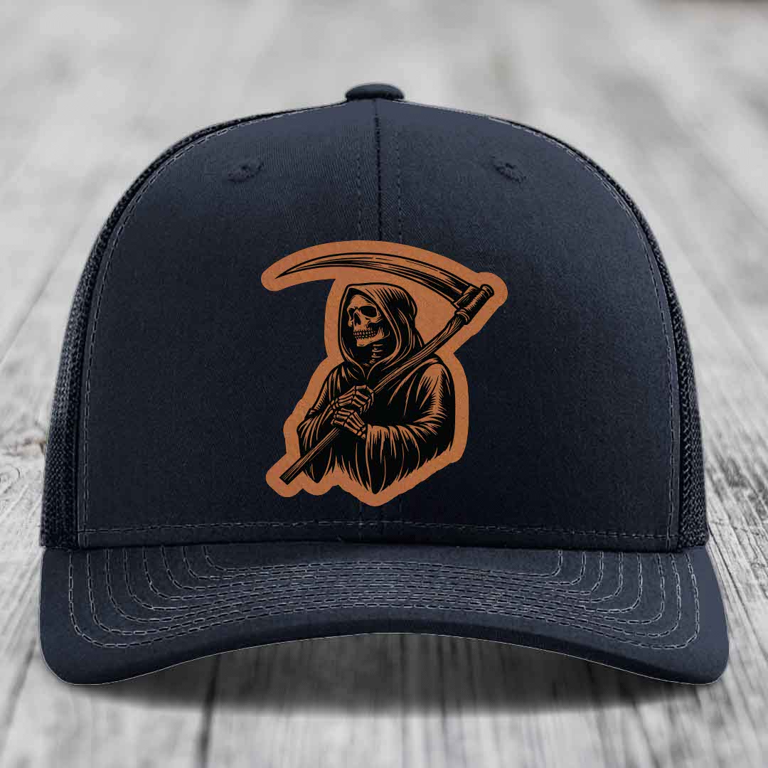 Grim Reaper - Leather Patch Hat - Rawhide to Black Patch - Richardson 112 Snapback Trucker Hat