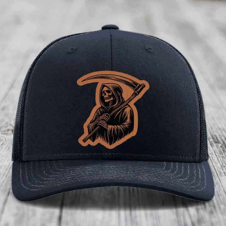 Grim Reaper - Leather Patch Hat - Rawhide to Black Patch - Richardson 112 Snapback Trucker Hat