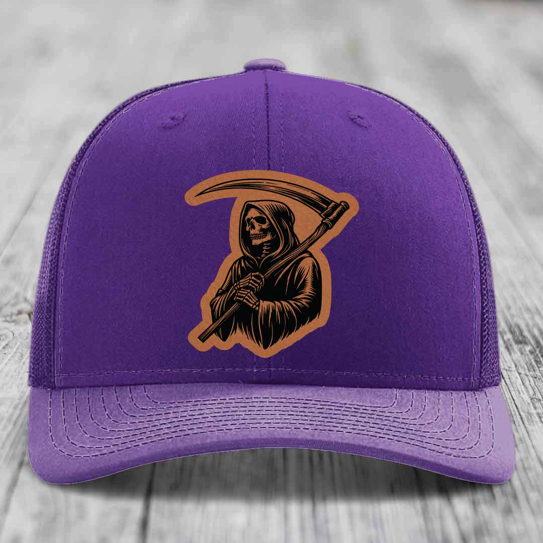 Grim Reaper - Leather Patch Hat - Rawhide to Black Patch - Richardson 112 Snapback Trucker Hat