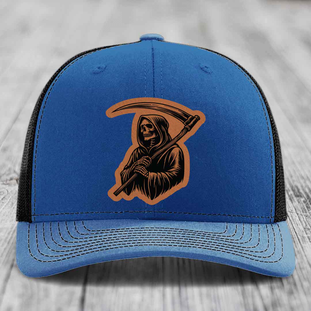 Grim Reaper - Leather Patch Hat - Rawhide to Black Patch - Richardson 112 Snapback Trucker Hat
