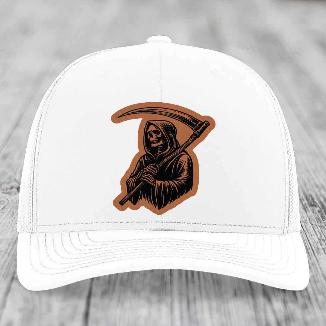 Grim Reaper - Leather Patch Hat - Rawhide to Black Patch - Richardson 112 Snapback Trucker Hat