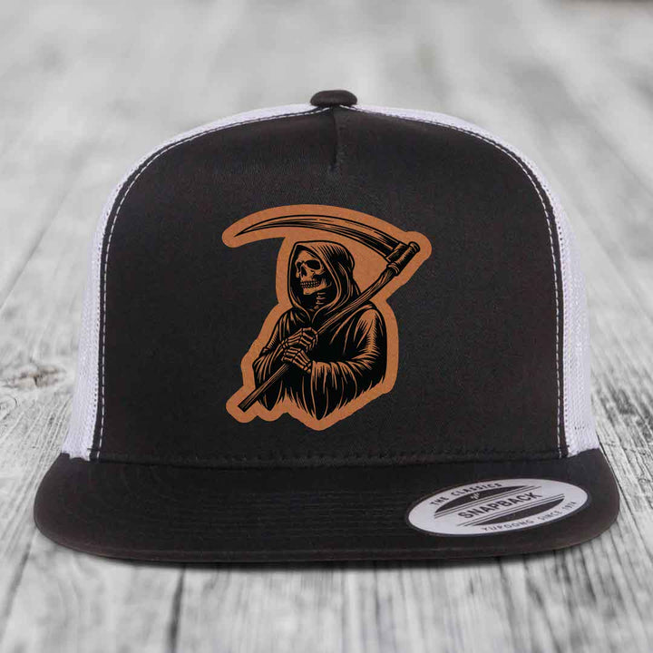 Grim Reaper - Leather Patch Hat - Rawhide to Black Patch - Yupoong 6006 Snapback Flatbill Hat