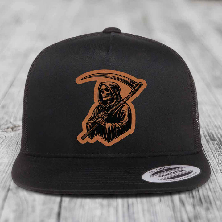 Grim Reaper - Leather Patch Hat - Rawhide to Black Patch - Yupoong 6006 Snapback Flatbill Hat