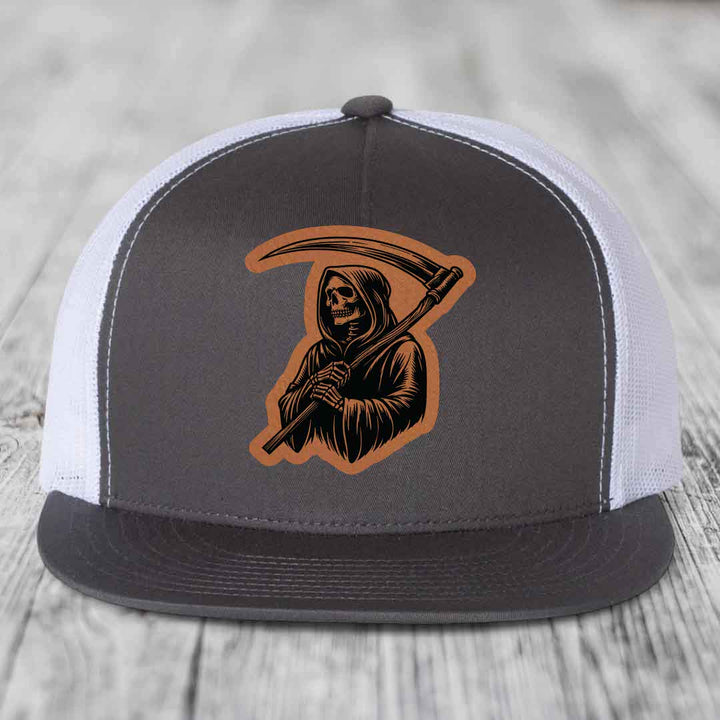 Grim Reaper - Leather Patch Hat - Rawhide to Black Patch - Yupoong 6006 Snapback Flatbill Hat