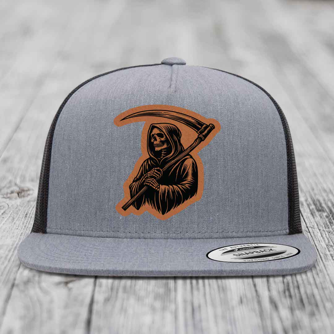 Grim Reaper - Leather Patch Hat - Rawhide to Black Patch - Yupoong 6006 Snapback Flatbill Hat