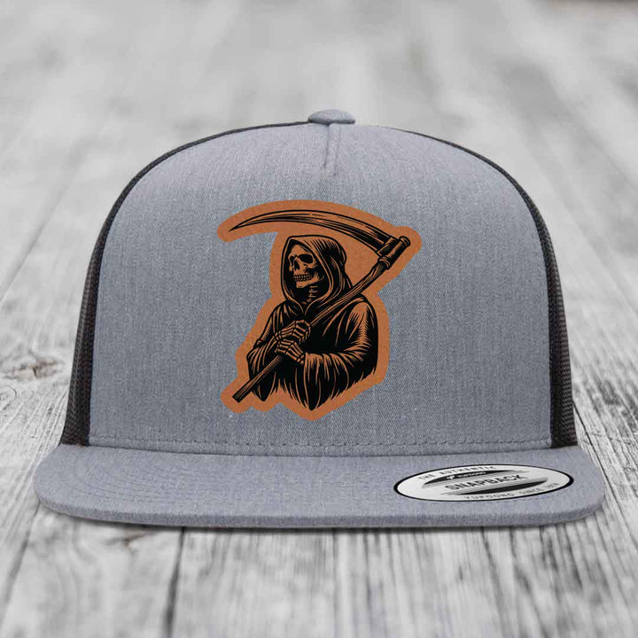 Grim Reaper - Leather Patch Hat - Rawhide to Black Patch - Yupoong 6006 Snapback Flatbill Hat