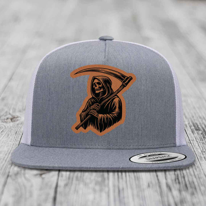 Grim Reaper - Leather Patch Hat - Rawhide to Black Patch - Yupoong 6006 Snapback Flatbill Hat