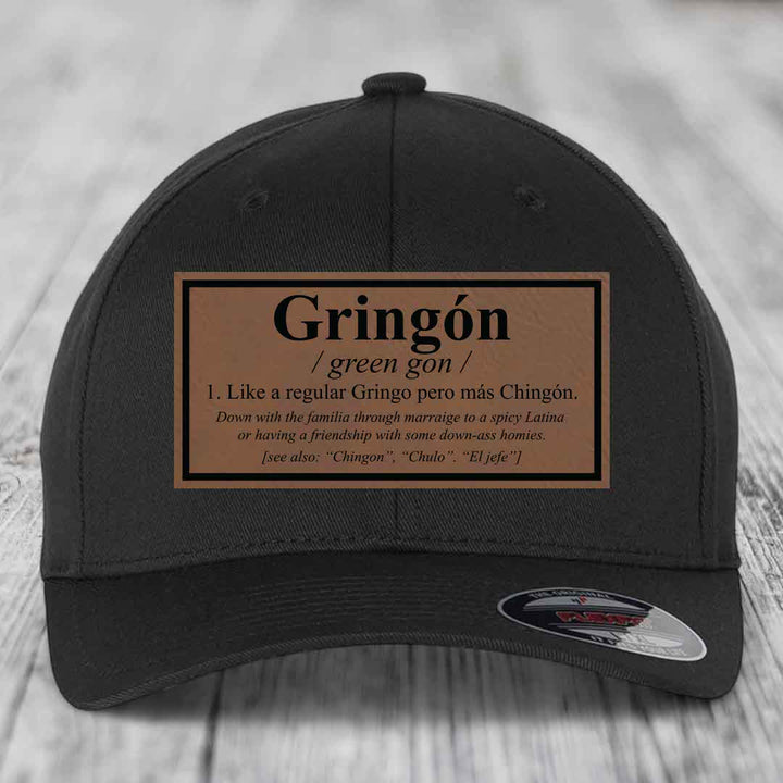Gringon Definition - Leather Patch Hat - Dark Brown to Black Patch - Flexfit 6277 Fitted Hat