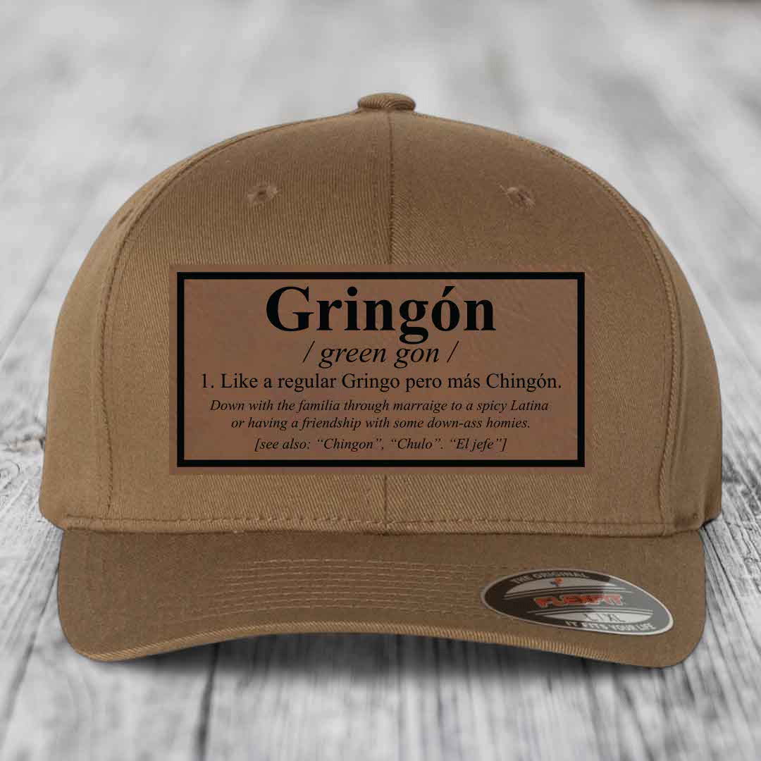 Gringon Definition - Leather Patch Hat - Dark Brown to Black Patch - Flexfit 6277 Fitted Hat