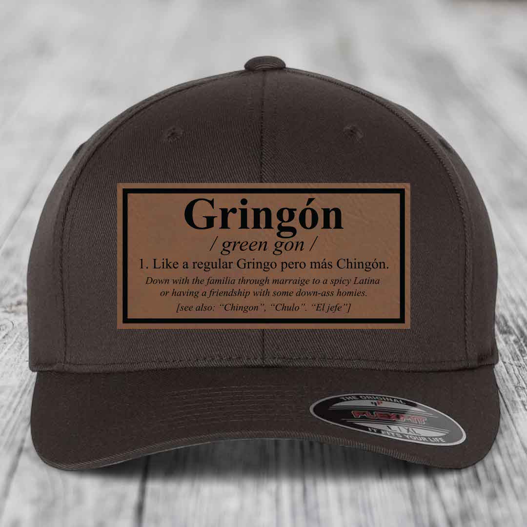 Gringon Definition - Leather Patch Hat - Dark Brown to Black Patch - Flexfit 6277 Fitted Hat