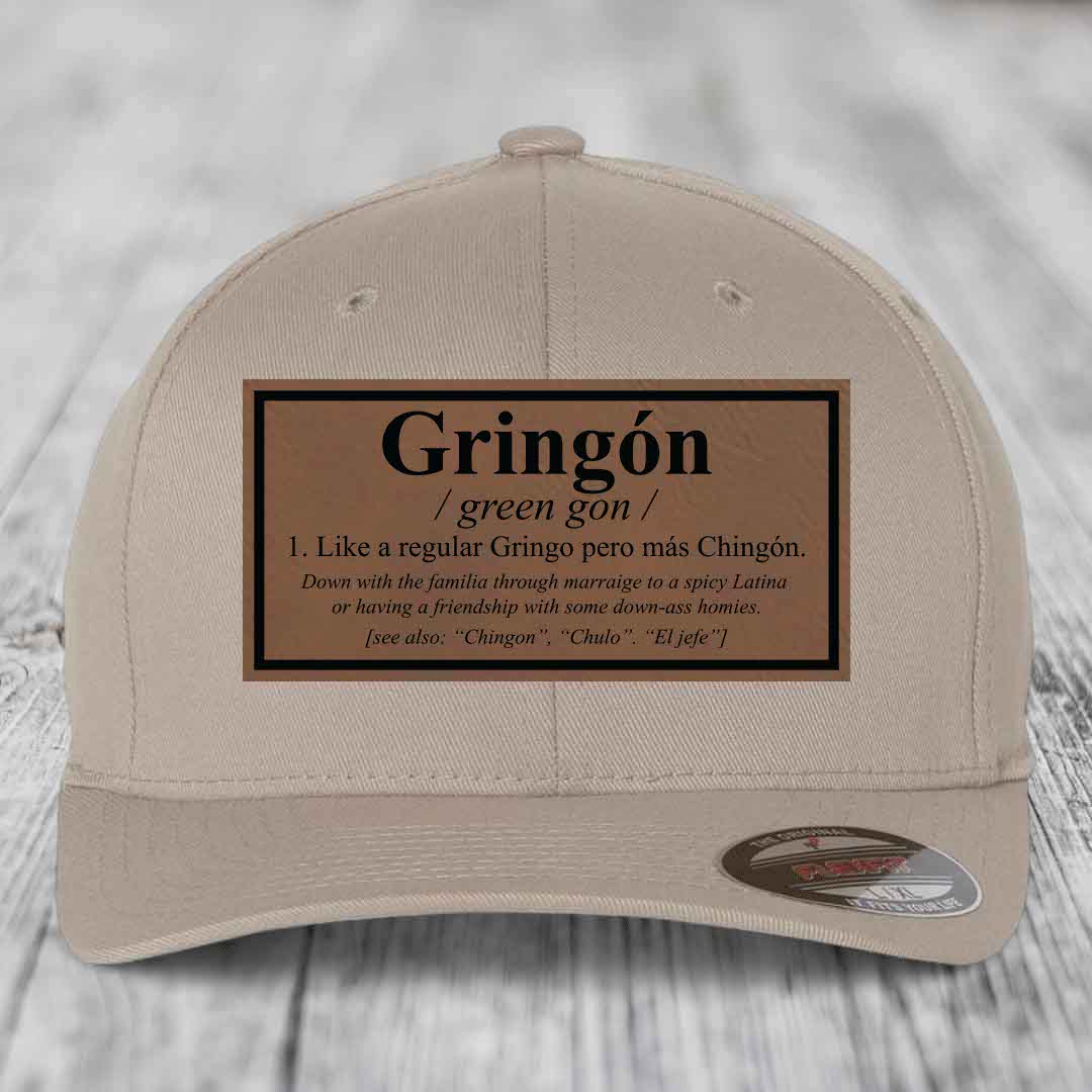 Gringon Definition - Leather Patch Hat - Dark Brown to Black Patch - Flexfit 6277 Fitted Hat