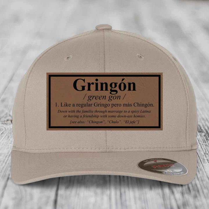Gringon Definition - Leather Patch Hat - Dark Brown to Black Patch - Flexfit 6277 Fitted Hat
