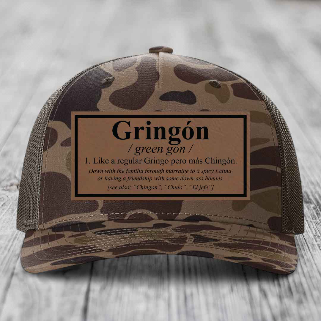 Gringon Definition - Leather Patch Hat - Dark Brown to Black Patch - Richardson 112PFP Snapback Trucker Hat