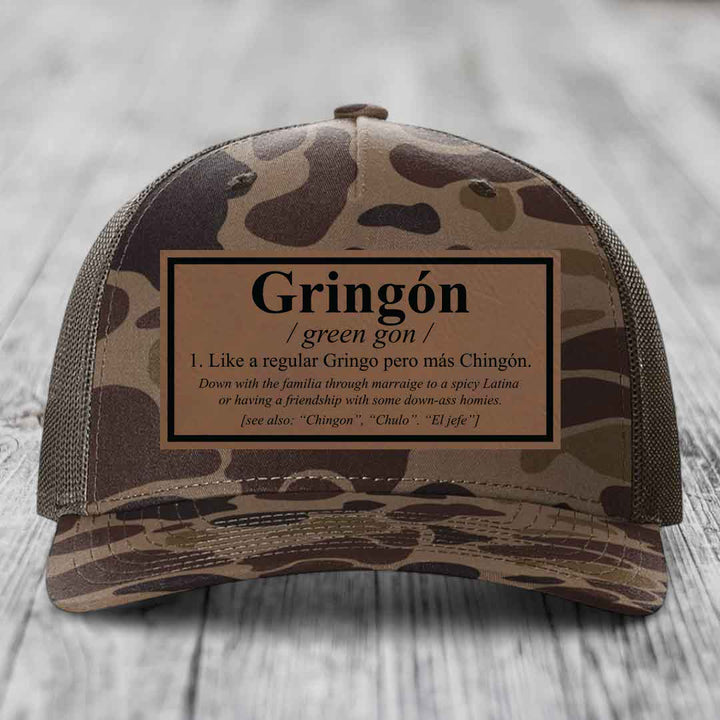 Gringon Definition - Leather Patch Hat - Dark Brown to Black Patch - Richardson 112PFP Snapback Trucker Hat