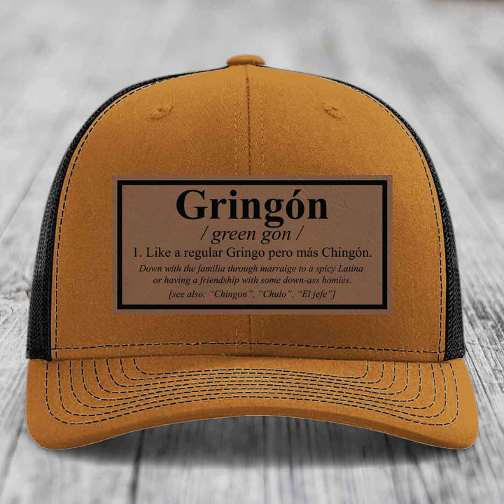 Gringon Definition - Leather Patch Hat - Dark Brown to Black Patch - Richardson 112 Snapback Trucker Hat