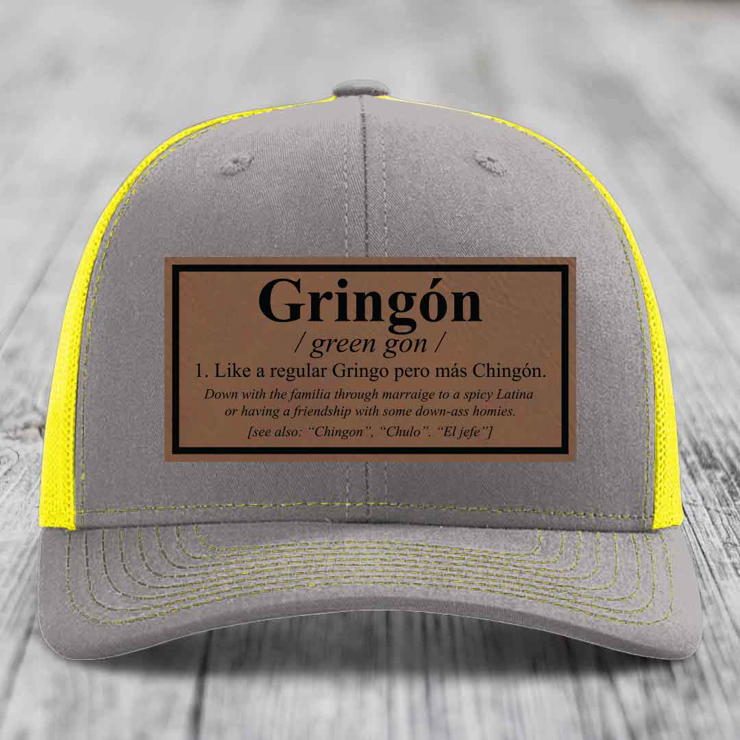 Gringon Definition - Leather Patch Hat - Dark Brown to Black Patch - Richardson 112 Snapback Trucker Hat