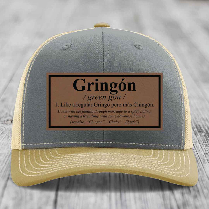 Gringon Definition - Leather Patch Hat - Dark Brown to Black Patch - Richardson 112 Snapback Trucker Hat