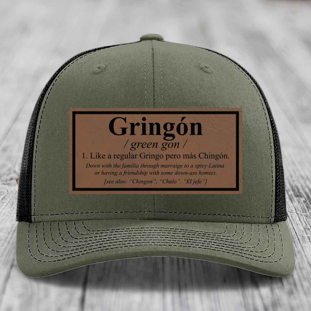 Gringon Definition - Leather Patch Hat - Dark Brown to Black Patch - Richardson 112 Snapback Trucker Hat