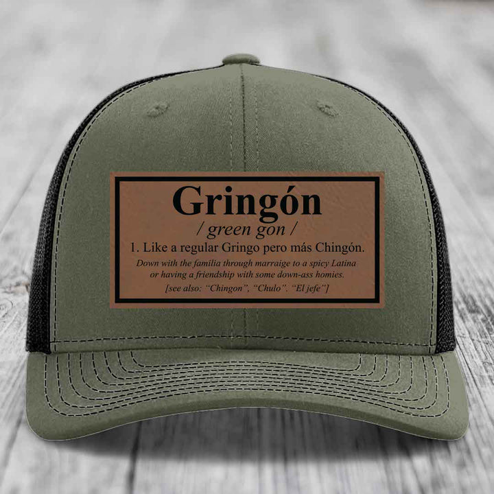 Gringon Definition - Leather Patch Hat - Dark Brown to Black Patch - Richardson 112 Snapback Trucker Hat