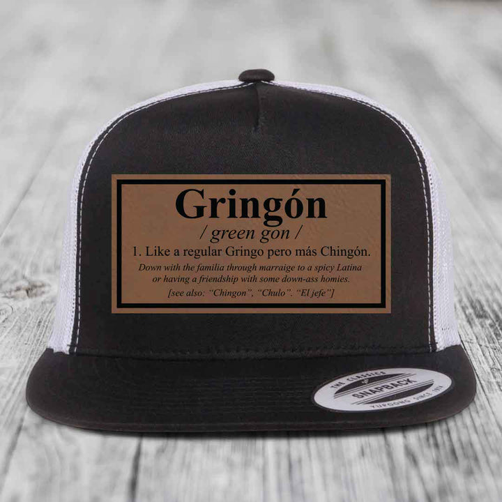 Gringon Definition - Leather Patch Hat - Dark Brown to Black Patch - Yupoong 6006 Snapback Flatbill Hat