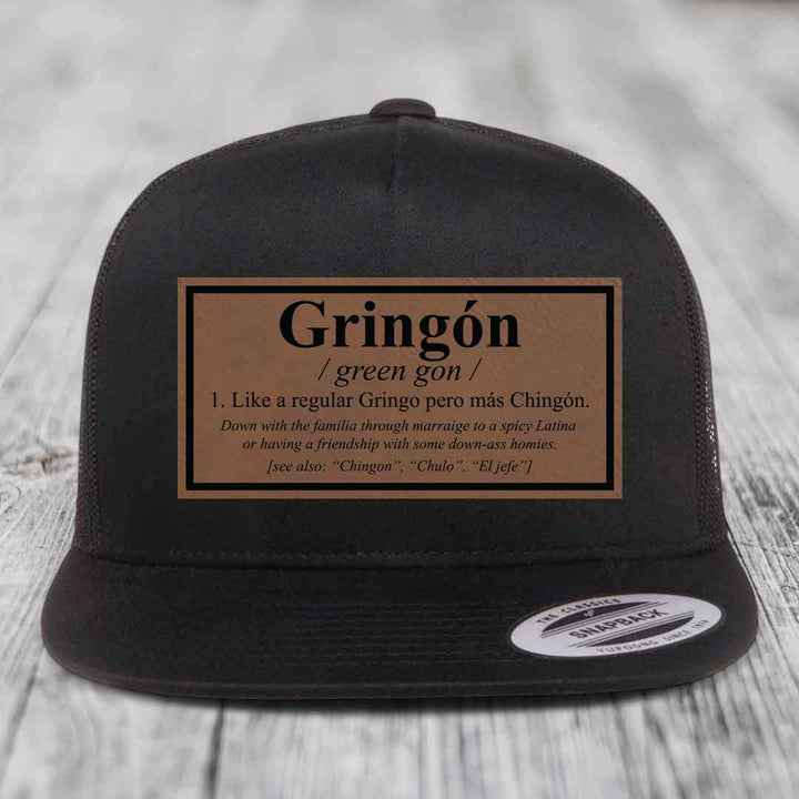 Gringon Definition - Leather Patch Hat - Dark Brown to Black Patch - Yupoong 6006 Snapback Flatbill Hat