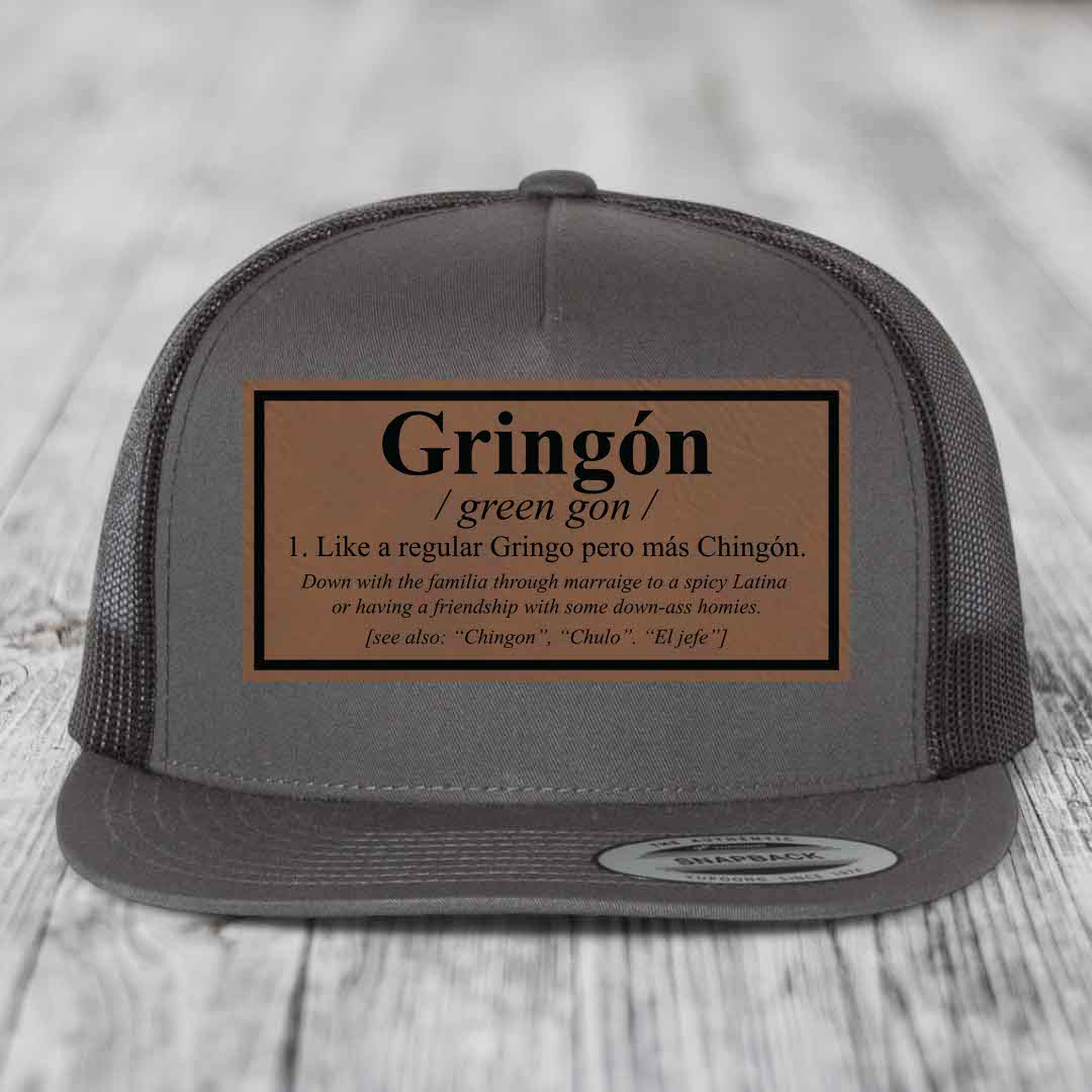 Gringon Definition - Leather Patch Hat - Dark Brown to Black Patch - Yupoong 6006 Snapback Flatbill Hat