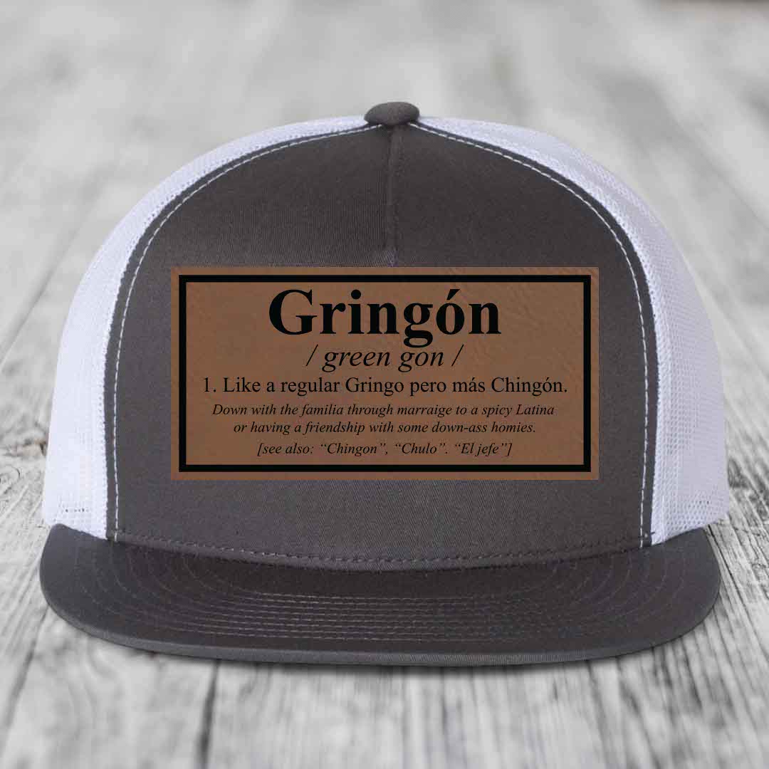 Gringon Definition - Leather Patch Hat - Dark Brown to Black Patch - Yupoong 6006 Snapback Flatbill Hat