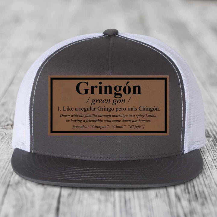 Gringon Definition - Leather Patch Hat - Dark Brown to Black Patch - Yupoong 6006 Snapback Flatbill Hat