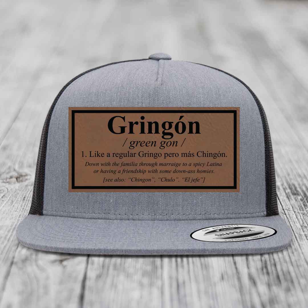 Gringon Definition - Leather Patch Hat - Dark Brown to Black Patch - Yupoong 6006 Snapback Flatbill Hat