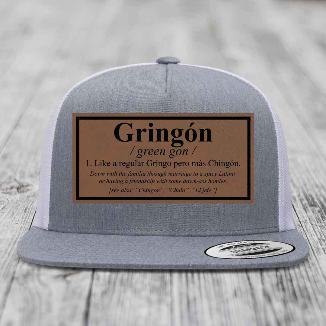 Gringon Definition - Leather Patch Hat - Dark Brown to Black Patch - Yupoong 6006 Snapback Flatbill Hat