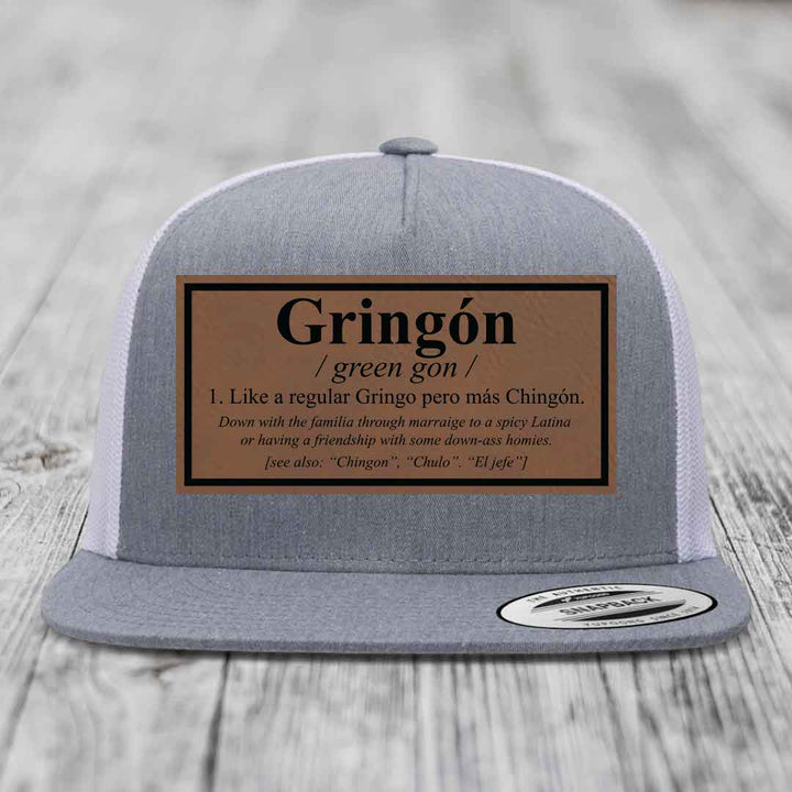 Gringon Definition - Leather Patch Hat - Dark Brown to Black Patch - Yupoong 6006 Snapback Flatbill Hat