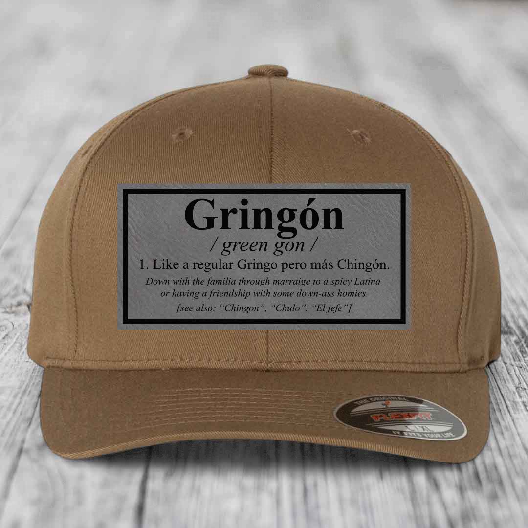 Gringon Definition - Leather Patch Hat - Grey to Black Patch - Flexfit 6277 Fitted Hat