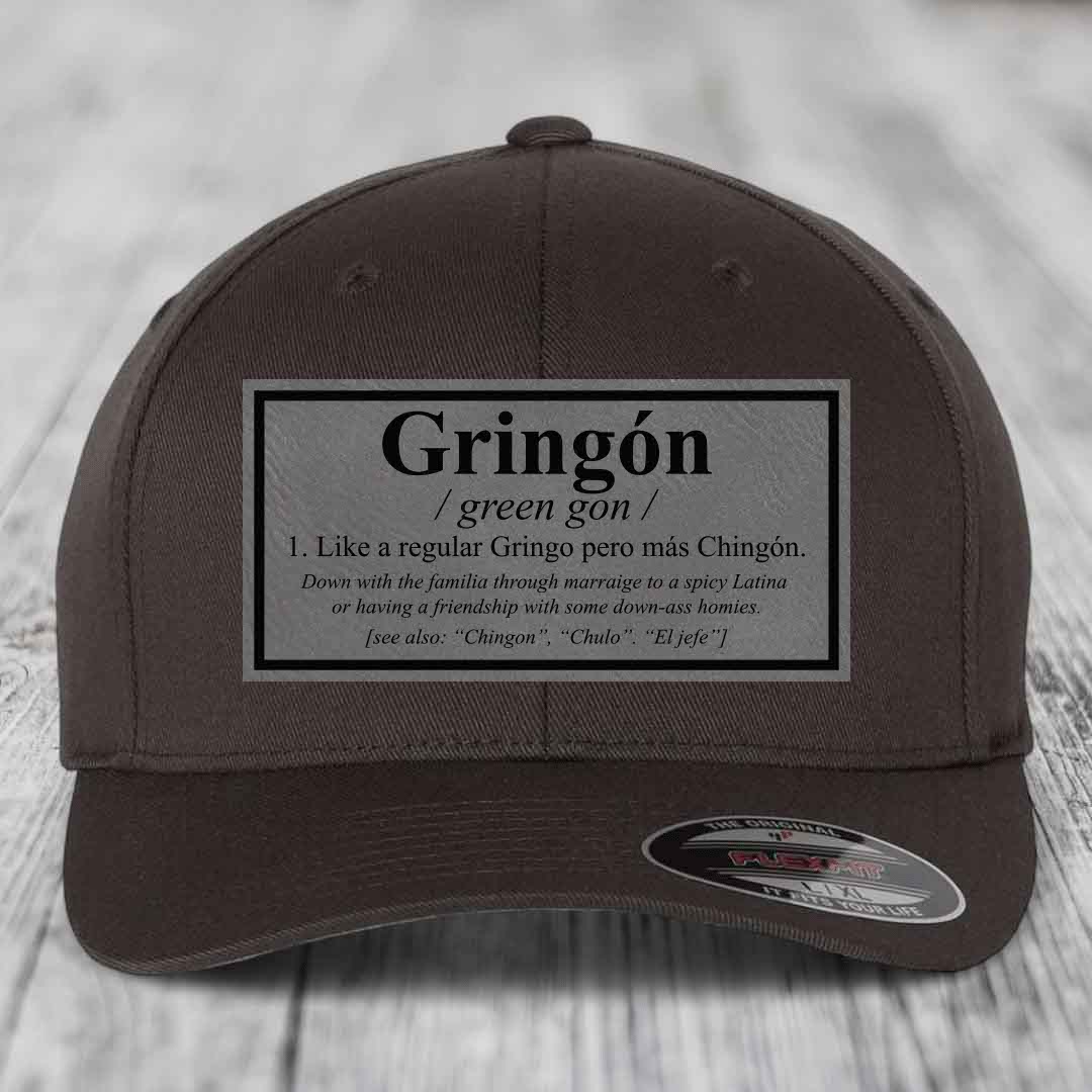 Gringon Definition - Leather Patch Hat - Grey to Black Patch - Flexfit 6277 Fitted Hat