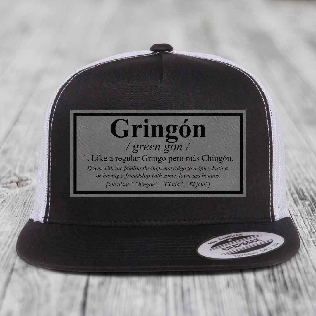 Gringon Definition - Leather Patch Hat - Grey to Black Patch - Yupoong 6006 Snapback Flatbill Hat