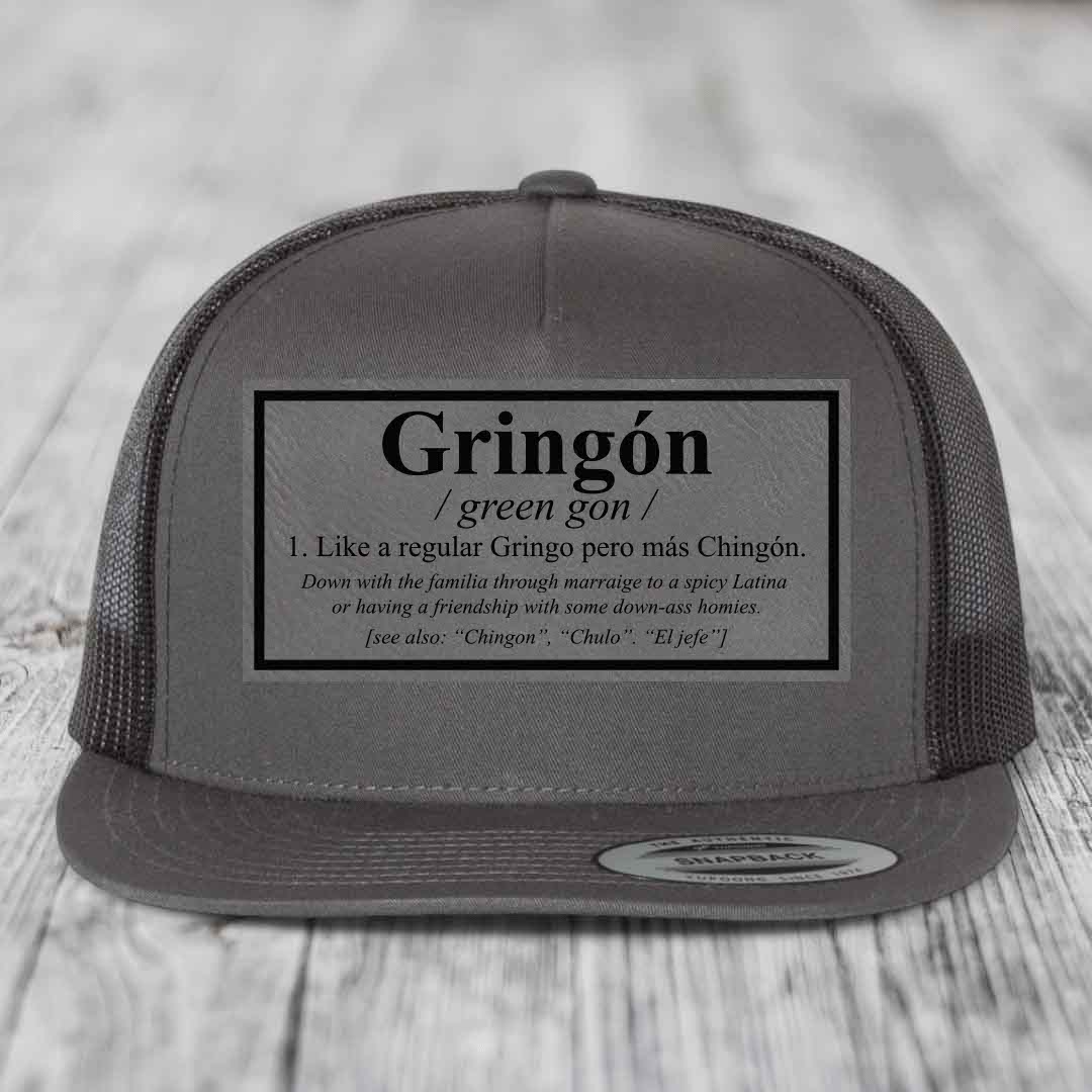 Gringon Definition - Leather Patch Hat - Grey to Black Patch - Yupoong 6006 Snapback Flatbill Hat