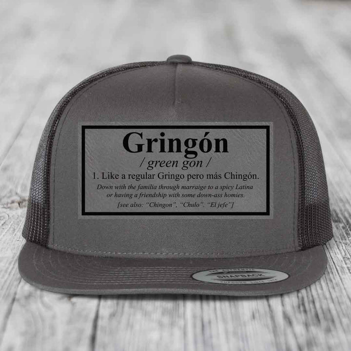 Gringon Definition - Leather Patch Hat - Grey to Black Patch - Yupoong 6006 Snapback Flatbill Hat
