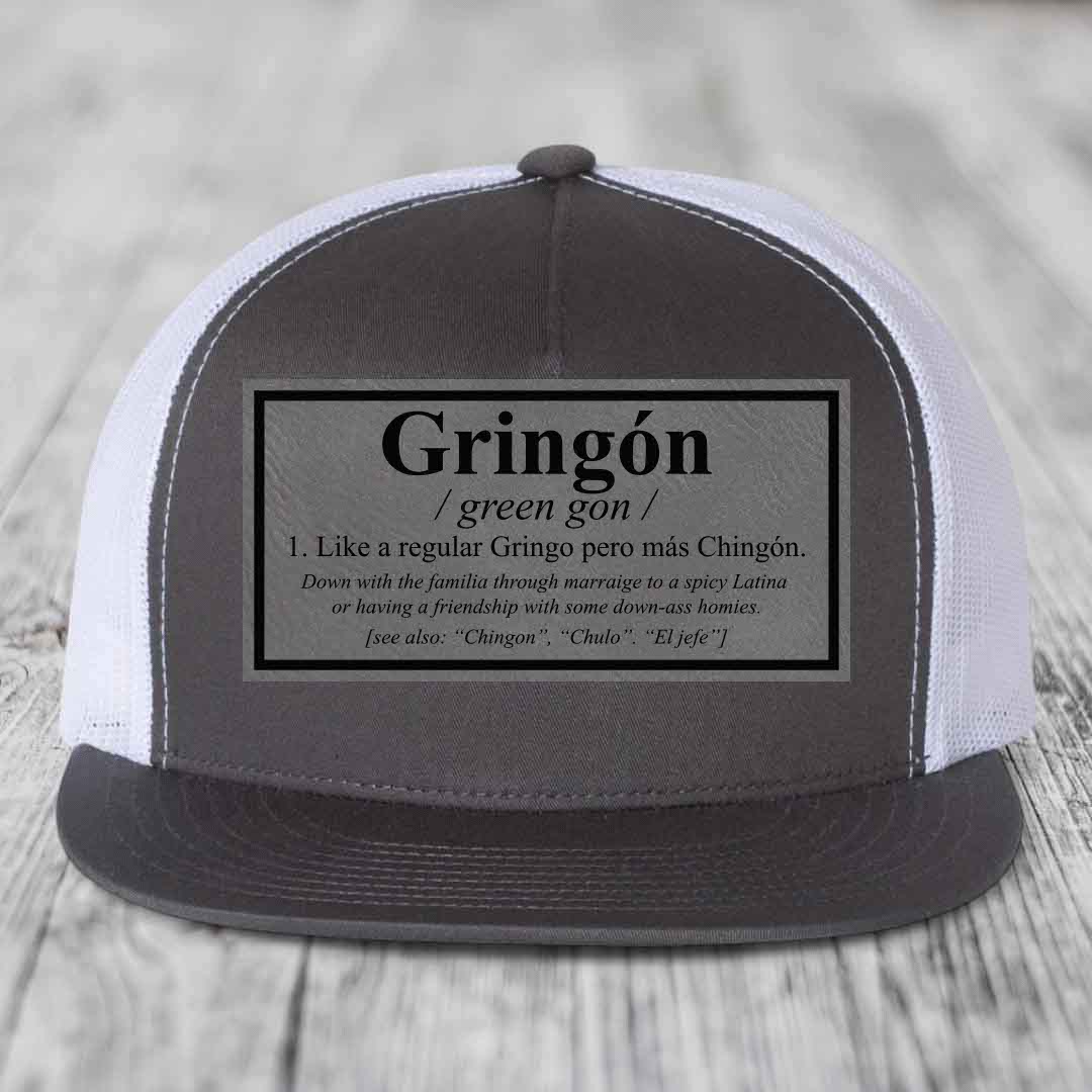 Gringon Definition - Leather Patch Hat - Grey to Black Patch - Yupoong 6006 Snapback Flatbill Hat