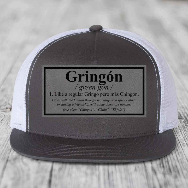 Gringon Definition - Leather Patch Hat - Grey to Black Patch - Yupoong 6006 Snapback Flatbill Hat