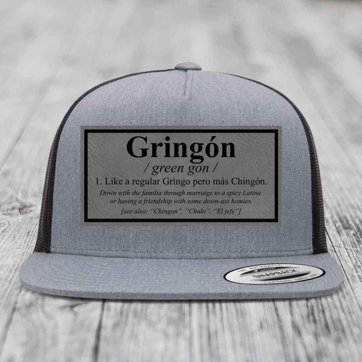 Gringon Definition - Leather Patch Hat - Grey to Black Patch - Yupoong 6006 Snapback Flatbill Hat