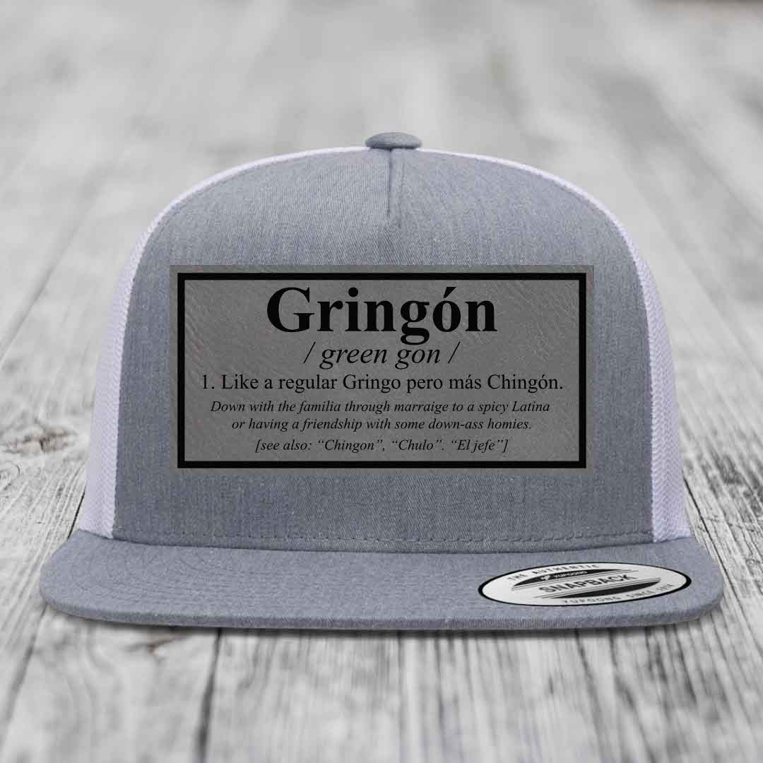 Gringon Definition - Leather Patch Hat - Grey to Black Patch - Yupoong 6006 Snapback Flatbill Hat