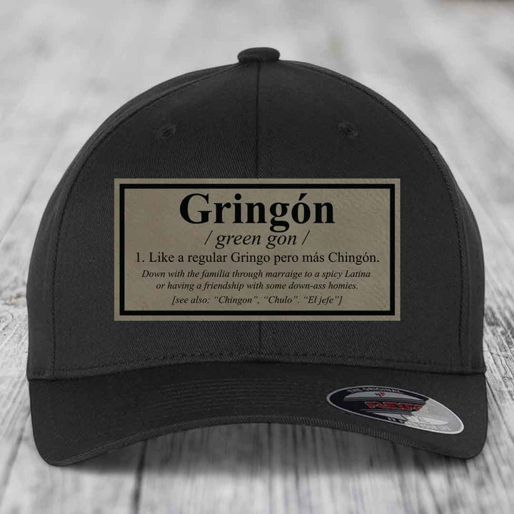 Gringon Definition - Leather Patch Hat - Light Brown to Black Patch - Flexfit 6277 Fitted Hat