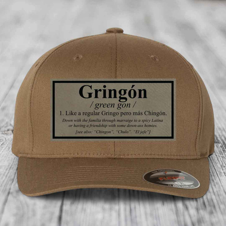 Gringon Definition - Leather Patch Hat - Light Brown to Black Patch - Flexfit 6277 Fitted Hat